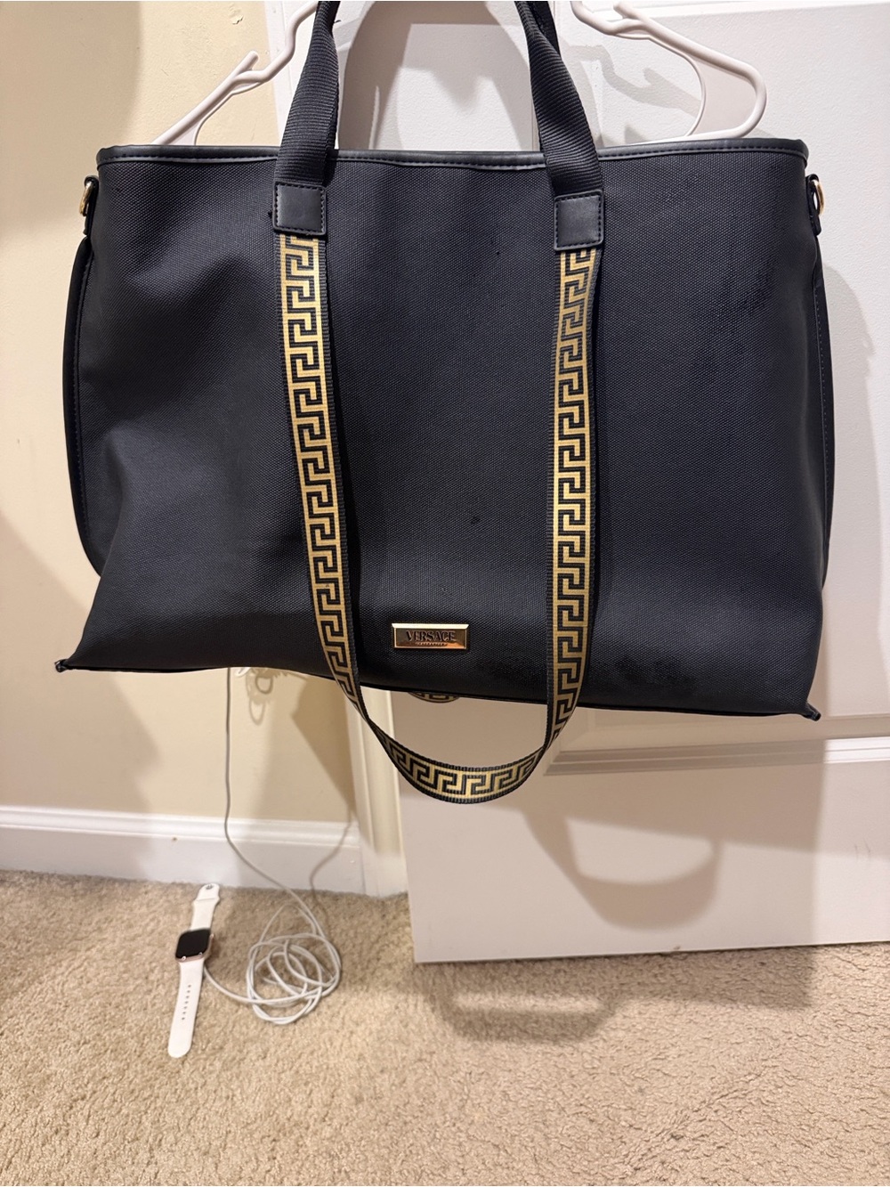 Versace Black Tote with Gold Greek Key Accent Straps